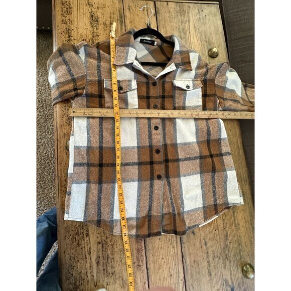 Automet Womens Brown Shacket Medium Plaid collared button up Nylon long sleeve - Picture 9 of 9